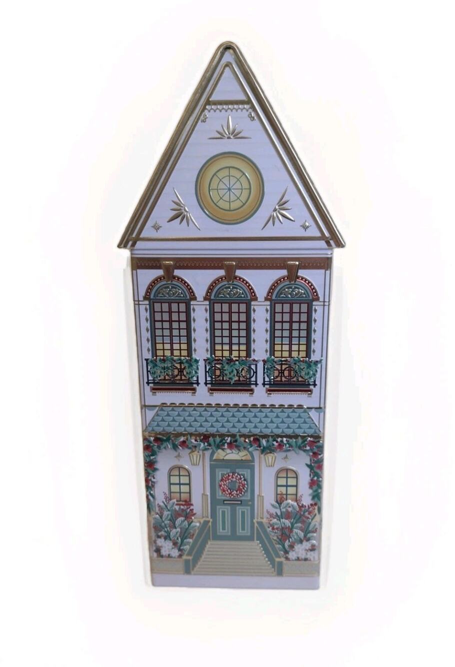 Silver Crane Speculoos House Cookie Tin White Christmas Holiday Empty 10.75"